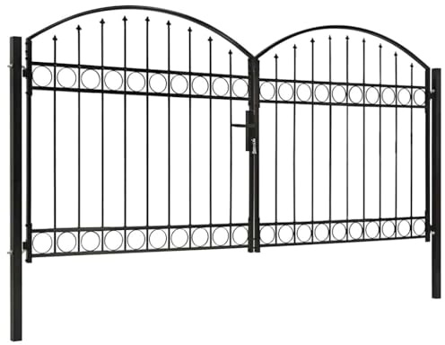 Portail de Jardin à Double Battant, en Acier Thermolaqué, Design Arqué avec Barrière de Sécurité, Porte de Clôture Résistante, pour Terrasse, Jardin, Patio, Couleur Noir, 300.0 x 125.0 cm