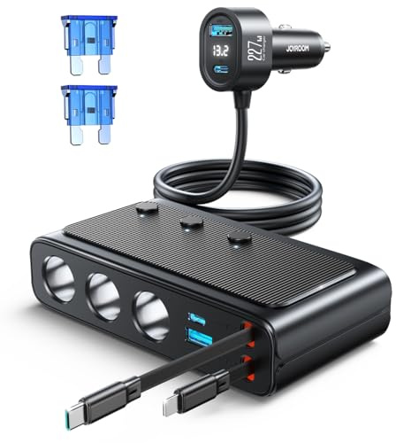 JOYROOM 9-en-1 Adaptateur Allume-Cigare 227W, avec 80cm rétractable 45W câble de charge rapide Type-C et Lightning, 12V/24V Prise Allume Cigare USB, Affichage du Tension par LED pour iPhone 17/Samsung