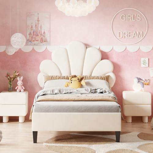 Aneutr Klädd barnsäng på 90 x 200 cm, enkelsäng med ribbotten för flickor, ungdomssäng, prinsessäng med blomdesign och justerbar sänggavel för barnrum, utan madrass (beige sammet, 90 x 200)