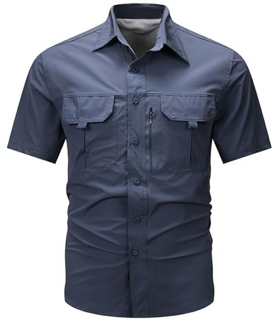 Chemise safari en coton pour homme, couleur unie, avec 2 poches de poitrine, chemise tactique à manches courtes pour l'extérieur, la randonnée et le look cowboy