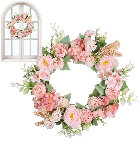 Corona di fiori da fattoria – peonia artificiale camelia, ghirlanda luminosa a LED, costruzione in tessuto, design interno ed esterno durevole | per parete porta finestra casa vacanze festa maria