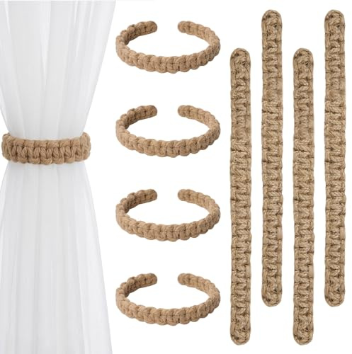 8 Piezas Alzapaños de Cortina 25cm Sujeta Cortinas Bohemios Marrón Salón | Elegante Ajuste Fexible Abrazaderas Trenzadas para Cortinas Tejido a Mano Cuerda de Yute para Decoración Hogar Dormitorio