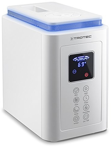 TROTEC Humidificateur B 5 E – Humidificateur ultrasonique avec ioniseur – Pour des pièces jusqu'à 30 m²/75 m³, avec minuteur, purificateur d'air, réservoir de 4 l, mode nuit