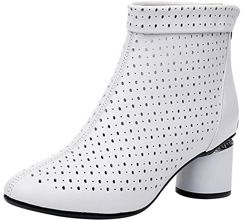 Jamron Dam Elegant Blockklack Ankelstövlar Andningsbar Mesh Ihåliga Sommar Booties Pumps, Vit, 38 EU