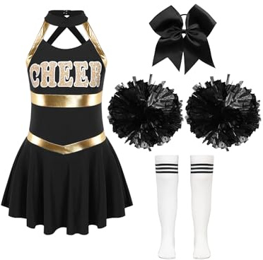 Moily Big Girls Basic Cheerleading Team Rooter Uniform Dress Cheer Printed Top Pleated Mini Skirts Halloween Costume B#Black05 14