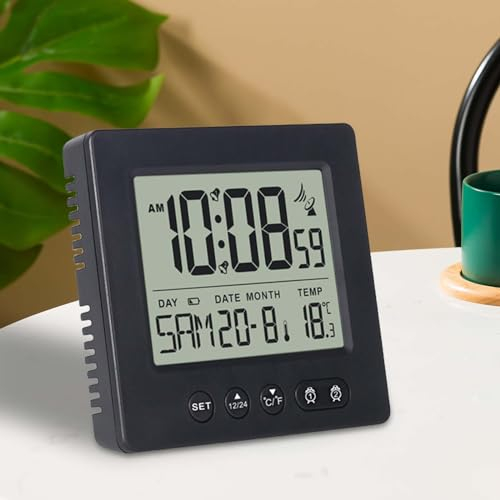 Delamiya Digitaler Funkwecker mit Thermometer Kalender Licht, Temperatur Funkuhr Woche Datumsanzeige Zwei Unabhängige Weckzeiten Automatische Einstellung Sommer-/Winterzeit Schwarz Reisewecker