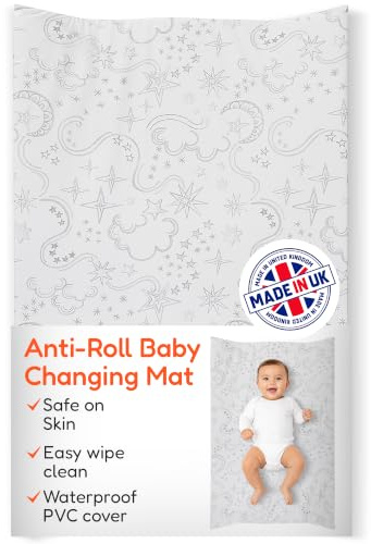 Babycurls Deluxe Anti-Roll PVC Wedge Nappy Baby Changing Mat with Curved Sides and Raised Edges for Babies from Birth Upwards Wipe Clean and Waterproof 69 x 45 x 8cm (Stars & Swirls Sketches)