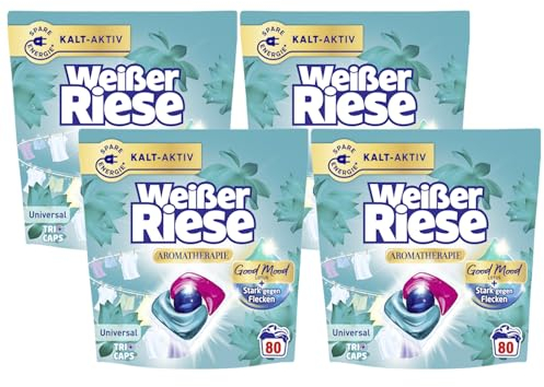 Weißer Riese Universal Trio-Caps Aromatherapie Lotus 4x 80 WL (320 Waschladungen), Waschmittel mit Good Mood-Duft für unwiderstehlich duftende & strahlend saubere Wäsche, 100% recycelbar