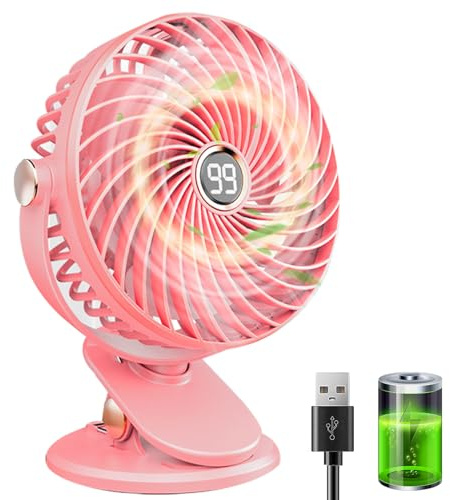 Ventilatore da Tavolo, 6000 mAh Mini Ventilatore USB con Display LCD, 5 Velocità 720° Rotante Piccolo Ventilatore Portatile Ricaricabile, Ventilatore con Clip per Ufficio Casa Campeggio-Rosa