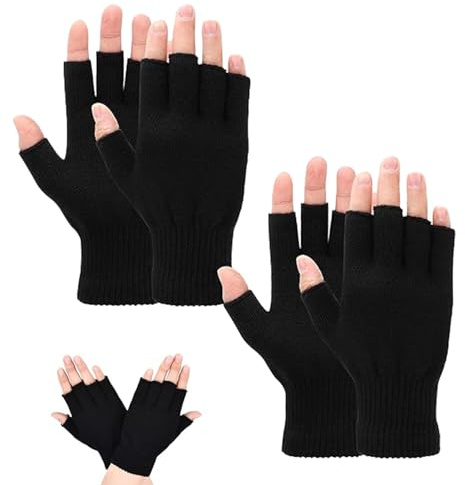 ZPLASK 2 Pairs/4 Pcs Thermal Fingerless Gloves - Warm Knitted Cotton Black Fingerless Gloves for Men & Women