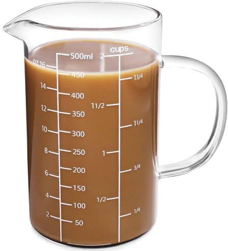 Verre Doseur en Verre, 500 ml/2 Tasses/16 oz Tasse à Mesurer en Verre, Matériau à Haute Teneur en Borosilice, Facile à Lire, Gobelet doseur en verre borosilicate avec graduation et bec verseur