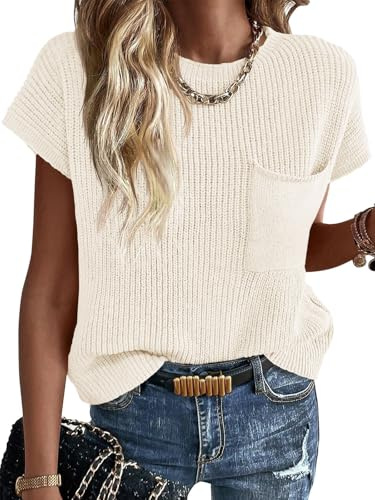Imily Bela Summer Fall Short Sleeve Sweater for Women 2026 Crew Neck Ribbed Knit Vests Trendy Pullover Tops White