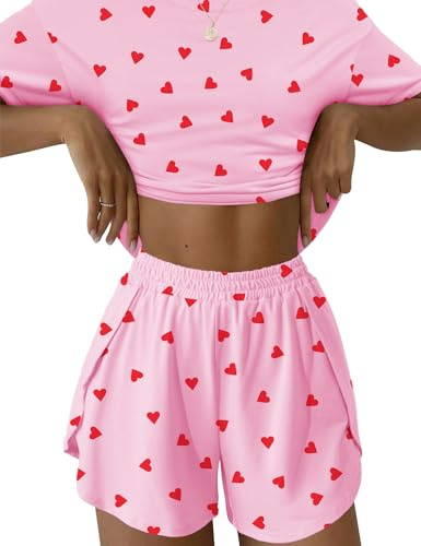 IECCP Pyjamas for Women Ladies Pyjamas Summer Cute Pjs Set Two Piece Soft Nightwear Breathable Sleepwear Short Sleeve Pajamas and Split Short Loungewear Pink Heart M
