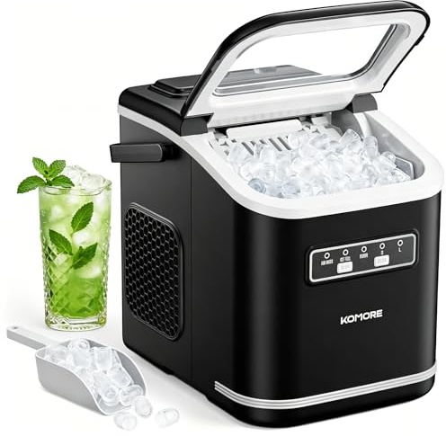 KOMORE Ice Maker, Bullet Ice Maker Machine, Portable with Handle Ice Machine, 9 Cubes Ready in 6 Mins, 12Kg/24H, Ice Scoop & Basket, Self-Cleaning, Perfect for Home/Office/Bar (Black)