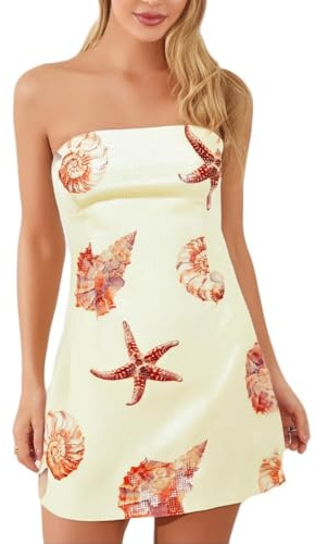 Edhomenn Women Sexy Floral Tube Dress Summer Strapless Backless Bodycon Slim Fit Mini Dress Off Shoulder Party Clubwear (Light Yellow, M)
