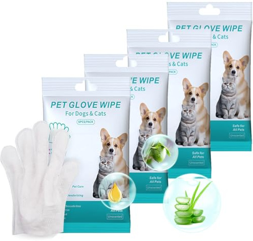 nongxiang Lingettes Gants Animaux, 4 Paquets Soit 24 Pièces, sans Parfum, Nettoyage Quotidien Chiens et Chats, Usage Unique