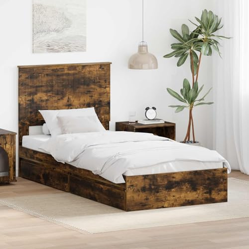 Hoopleep Modern Storage Bed Frame, Smoked Oak Engineered Wood, 90 x 200 cm Narrow Twin Platform with Headboard & Built-in Drawers, Durable, Easy Assembly for Bedroom