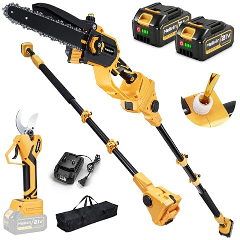 Motosega e cesoie elettriche da potatura MELLWIN 4 in 1, attrezzo da giardino senza fili da 20 cm con asta telescopica, serbatoio dell'olio da 30 ml, motore brushless, cesoie da giardino da 2,3 m e 40