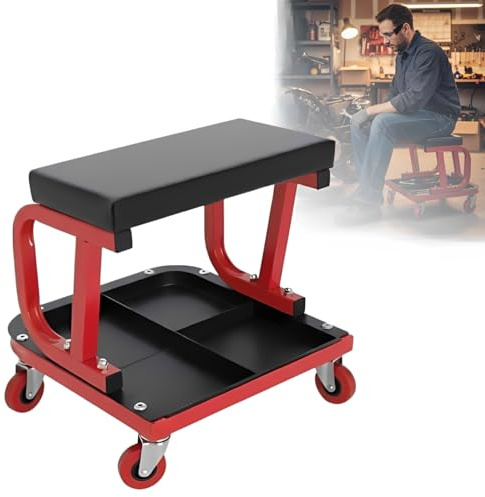 Sizi Creeper Trolley Rolling Mechanic Stool 150kg Capacity Soft Padded with Tool Tray Heavy Duty Garage Workshop Seat Chair Red