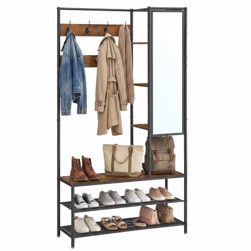 VASAGLE Garderobenständer mit Kleiderhaken, Spiegel, Schuhbank, Kleiderständer, Garderobe, Schuhregal mit Sitzfläche, für Flur, Industrie-Design, 35 x 98 x 182 cm, vintagebraun-schwarz HSR420B01