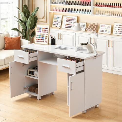 BTGGG Professional Nail Desk, Mobile Manicure Nail Table, Nail Station with Built-in Nail Dust Collection, Beauty Salon Art Workstation with Storage Drawers, White
