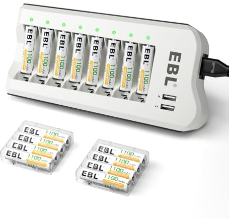 EBL 1100mAh NiMH AAA Rechargeable Batteries (16 Pack) and Rechargeable AA AAA Battery Charger with 2 USB Charging Ports