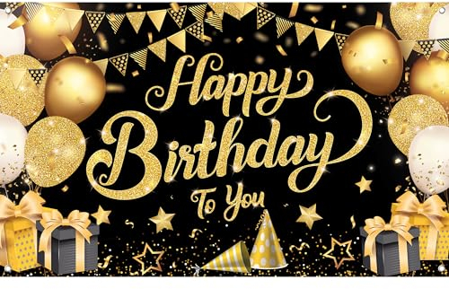 KatchOn, Schwarz und Gold Happy Birthday Banner – XtraLarge, 180 x 110 CM | Geburtstagsdeko, Happy Birthday Banner in Schwarz und Gold | Happy Birthday Girlande, Geburtstag Hintergrund Zeichen