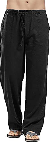 YAOHUOLE Pantalon d'été long en lin pour homme avec poches et taille élastique, Noir , XL