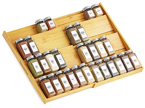 SpaceAid Bamboo Spice Drawer Organizer, (Need 3 Deep Drawer) Expandable 4 Tier Spices Rack for Cabinet, Kitchen Seasoning Storage Insert (Jars Not Included, From 12 to 23 Wide)