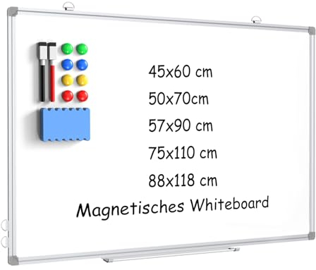 DOLLAR BOSS Tableau blanc effacable, Tableau blanc magnétique 75 x 110cm, suspendu au mur, Cadre en aluminium Whiteboard, Tableau effaçable à sec, avec marqueurs et effaceur