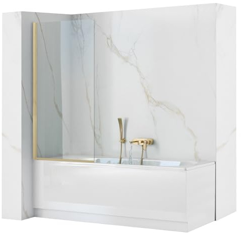 Rea Pare-baignoire Elegant Gold Brush 80 x 140 cm écran paroi de baignoire sur le mur, verre de sécurité 5 mm (Finition des profils: Or brosse)