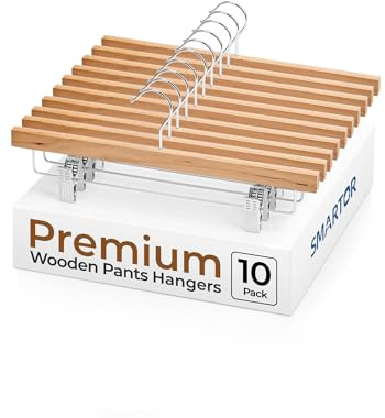 SMARTOR Natural Wooden Pants Hangers 10 Pack, Heavy Duty Wood Skirt Hangers with 2-Adjustable Clips and 360° Swivel Hook, Space Saving Clip Hanger for Shorts, Slacks, Jeans, Trousers