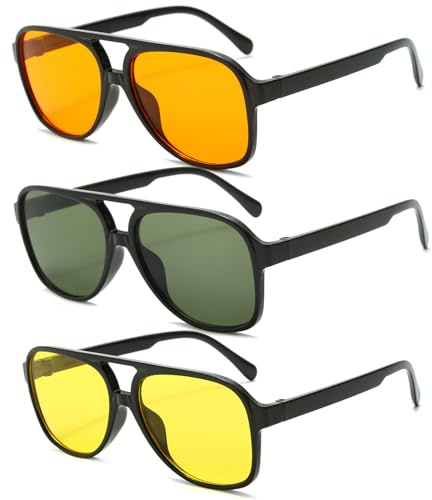 YAMEIZE 3 Pack Gafas de Sol Retro Rectangulares - de Doble Puente para Mujeres Hombres Vintage Piloto Cuadradas Visión Nocturna UV400 Gafas de Protección para Conducir