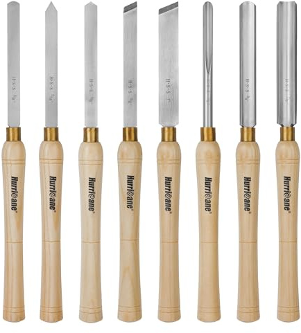 HURRICANE Set di scalpelli per tornio per legno, 8 pezzi, strumenti per tornitura per legno HSS, strumenti per tornio per la lavorazione del legno, con scatola di legno