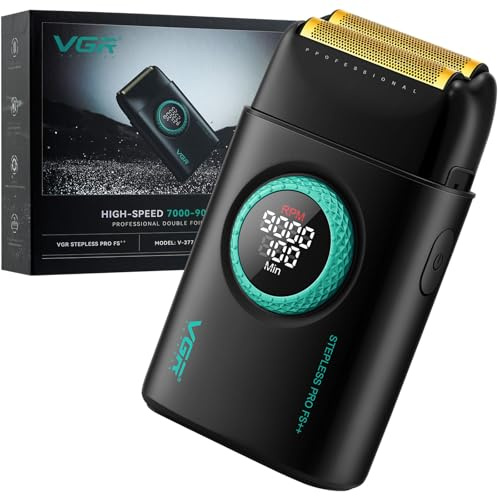 VGR 377 Rasoir Électrique pour Homme, Rasoir Électrique pour le Rasage du Visage avec Double Feuille, Moteur à 21 Vitesses 9000 Tr/min, Affichage LED, Feuilles de Titane, Fournitures de Barbier (Noir)