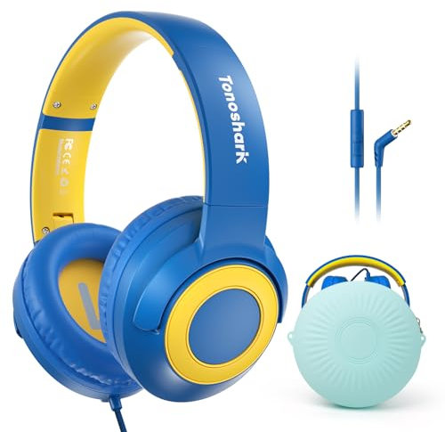 TONOSHARK Casque Audio Enfant Filaire avec Microphone, Volume Limité à 85/94 DB, Casque Prise Jack Enfant, Ecouteurs Filaire, Pliable, pour Ecole/Maison/Voyage – étui Inclus (Bleu)
