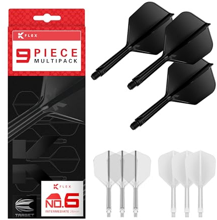 Target Darts K-Flex Integrated Dart Flights and Shafts, Intermediate Stem (26mm), No.6 Flight, 9-pack Bundle, Black, White & Clear | Kflex 2 In 1 Flight and Stem, Professional Darts Accessories