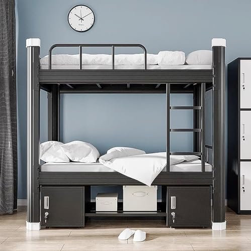 Hochbett 100x200 Bettgestell Metallbett Doppelstockbett Erwachsene Etagenbett Stockbett mit Leiter und Bettgestell Robustes Doppelstockbett aus Stahl für Jugendliche und Erwachsene (Black, 100x200cm)