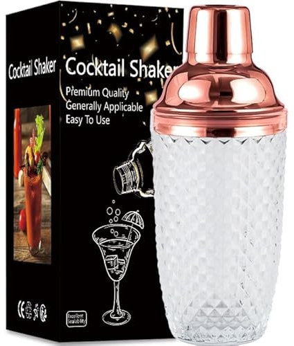 Dzmuero Shaker cocktail, Shaker inox, Shakers à cocktails, Mixeur en verre, couvercle en acier inoxydable, avec couche filtrante, scellé et durable, pour la maison et le bar (Or rose 2)