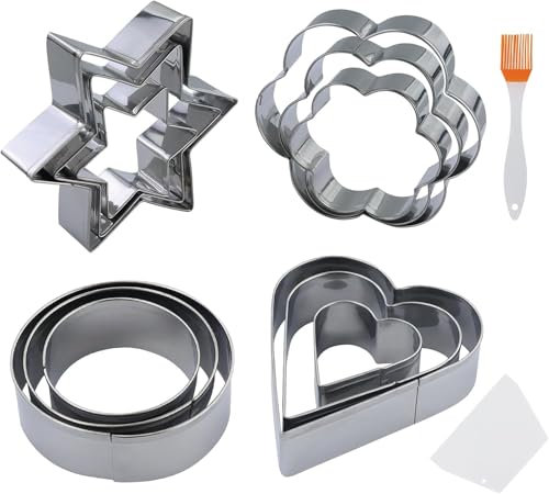 Lot de 12 emporte-pièces avec 1 pinceau à huile et 1 grattoir, kit de pâtisserie, moules en métal en acier inoxydable, pour gâteaux, biscuits, fêtes (4 moules)