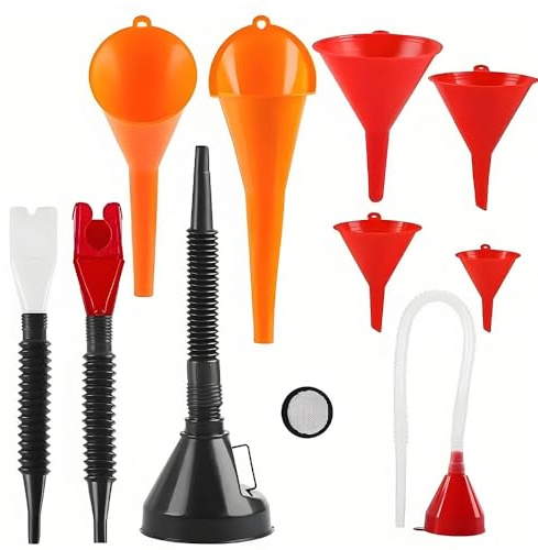 11 Pcs Flexible Plastic Funnels Set, Universal Car Engine Funnels, Right Angle Funnel Set with Detachable Spout & Filter & Snap Funnel for Water Gasoline Coolant Engine Oil