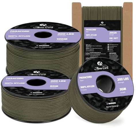 Abma Cord Paracord 2mm 15m Nylonschnur 3 Kern Seil Typ I Schnur für Basteln, Camping, Outdoor - Max. 90kg (200lbs) - Armee Grün