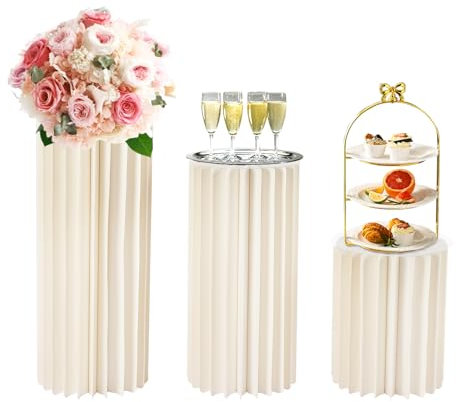 Soporte para flores de cartón, 3 unidades, para bodas, columnas de flores con tapa acrílica, columnas de papel plegables para bodas, compromisos, cumpleaños, decoración de mesa (blanco, 40 cm, 60 cm