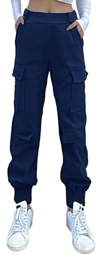 Nuofengkudu Dam lös passform cargobyxor manschett elastisk hög midja fickor dra på haremsbyxor arbete strid byxor vardag sport skola streetwear, Marinblå – 4 fickor, XL