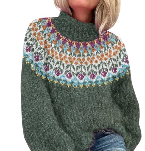 Générique Pull Jacquard Femme Col Roulé Tricot Hauts sous Manches Longues Chandail Hiver Chaud Norvégien en Laine Sweatshirts Sweat sans Capuche Islandais Rond Cachemire Torsade Irlandais (Vert,M)