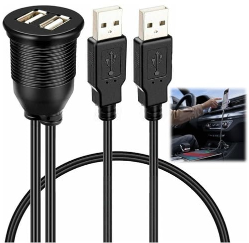 2 st inbyggd USB-kabel USB 3.0 hane till hona, dubbel USB-förlängningskabel, infälld förlängningskabel, panelfäste för infälld montering, instrumentpanelkabel för bil, båt och motorcykel