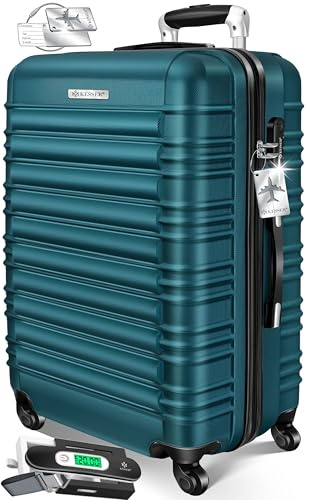 KESSER Valise de voyage rigide avec pèse-bagage + étiquette à bagages | Valise à roulettes Valise à roulettes Valise à combinaison 4 roulettes ABS rigide Poignée télescopique, Vert pétrole, 75cm