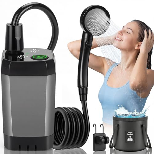Tonfarb Ducha de camping, batería de 6000 mAh, ducha de camping con bomba, ducha móvil con cabezal de ducha y manguera de 2 m, pantalla digital inteligente, para jardín, caravana, caravana, viaje