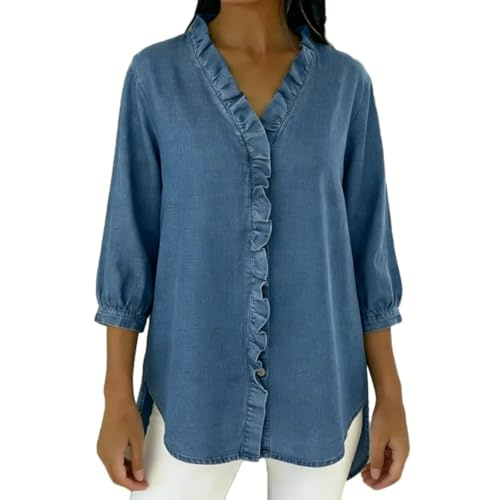 Chemise décontractée en jean à col en V pour femme, manches 3/4, chemises en coton et lin, chemisiers en jean à bord 2026, bleu, XL