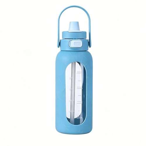 EUBSWA Botella de agua de 1000 ml con pajita, botella de agua de cristal con asa y marcador de tiempo, recordatorio para beber, botella deportiva para casa, oficina, gimnasio, deporte (azul)